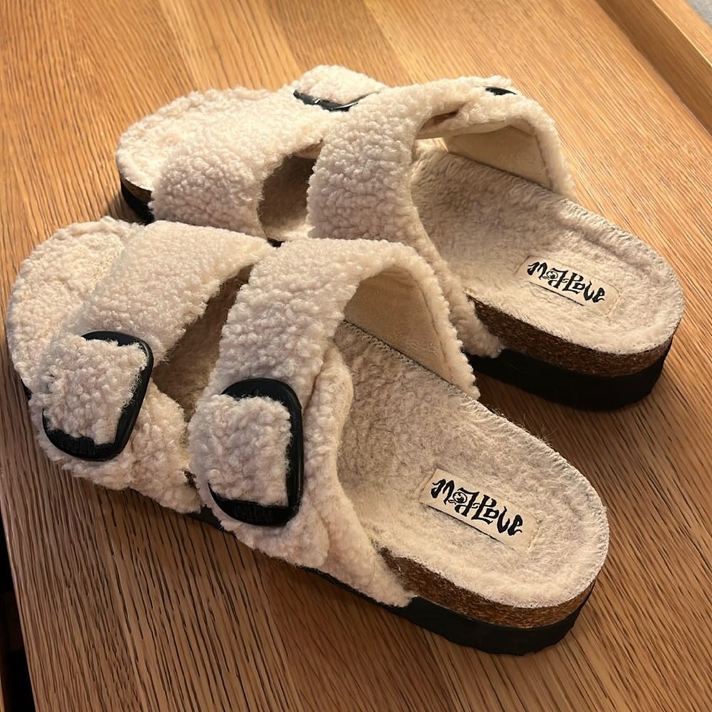 Faux Fur Buckle Cork Slider Slippers